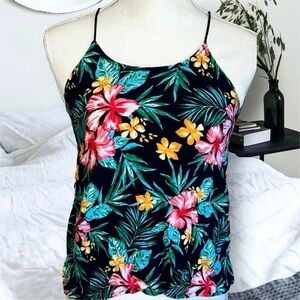 Black Tropical Floral Print Keyhole Crisscross Back Tank Top - Women's XS (1)